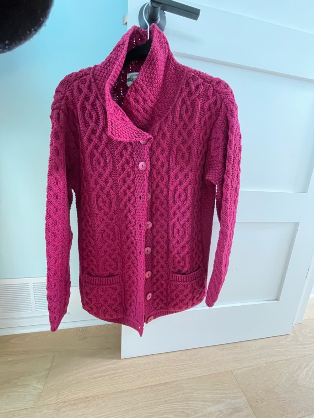 Aran Crafts Women's Cable Knit Button Cardigan - Raspberry - Picture 3 of 6
